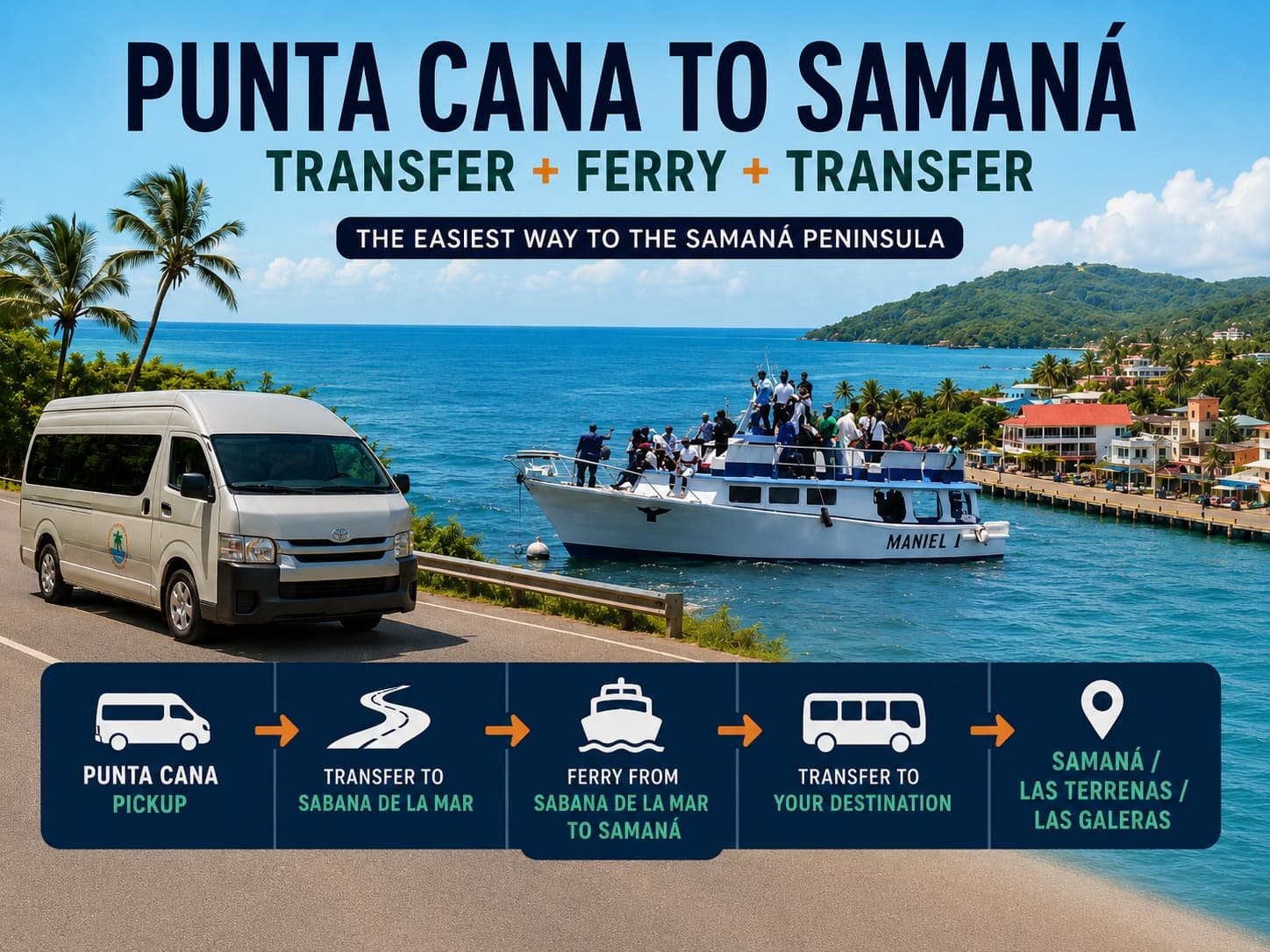 Feribotul de la Punta Cana la Samaná: Transfer complet cu autobuzul sau duba + Feribotul + Transfer final la Samaná, Las Terrenas și Las Galeras